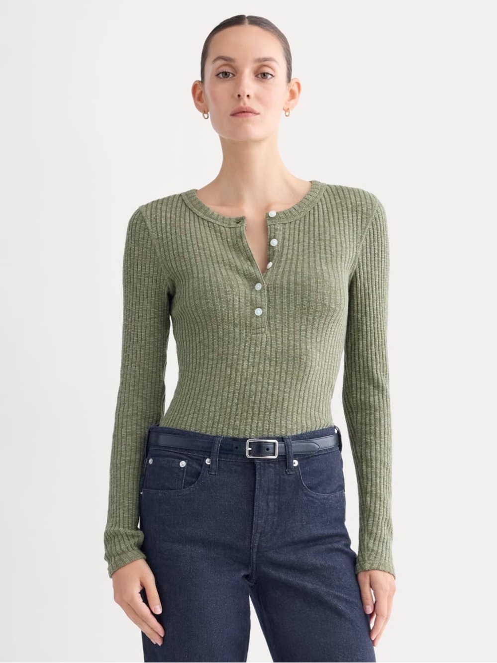 NWT Everlane Cozy Rib Henley Long Sleeve Top Kalamata Olive Green M